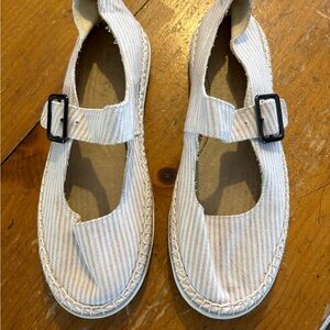SeaVees Women's Espadrille Mary Jane in Light Beige Stripe with Black Buckle